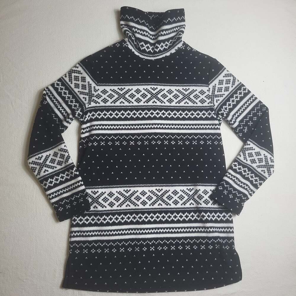Lands End Womens Size Small Nordic Black White Fair Isle Fleece Turtleneck Top